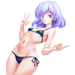 Rule 34 | 1girl, bare arms, bare shoulders, bikini, blue bikini, blue hair, breasts, cleavage, collarbone, cowboy shot, groin, hands up, highres, legs together, light blue hair, midriff, minamoto80486, navel, ringed eyes, short hair, side-tie bikini bottom, simple background, small breasts, solo, swimsuit, thighs, underboob, white background, wizardry