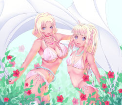 Rule 34 | 2girls, bikini, blonde hair, blue eyes, breasts, clarine, cleavage, drill hair, fire emblem, fire emblem: the binding blade, fire emblem: the blazing blade, flat chest, flower, harihisa, hibiscus, jewelry, large breasts, leaf, long hair, looking at viewer, lots of jewelry, louise, louise (fire emblem), mother and daughter, multiple girls, navel, necklace, nintendo, open mouth, ponytail, ribs, side-tie bikini bottom, smile, swimsuit, tan, tanline, thighhighs, underboob
