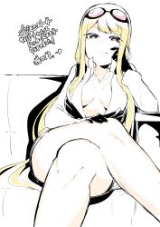 Rule 34 | absurdres, blonde hair, digimon, highres, jewelry, kuremi kyouko, crossed legs, looking at viewer, necklace, tongue, tongue out