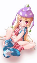 Rule 34 | 1girl, akisha, american flag legwear, american flag print, american flag shirt, blonde hair, clothes pull, clownpiece, full body, hair between eyes, hat, highres, jester cap, long hair, looking at viewer, neck ruff, no panties, non-web source, pantyhose, pantyhose pull, pink eyes, polka dot, print shirt, shirt, short sleeves, simple background, sitting, solo, star (symbol), star print, striped, touhou, white background