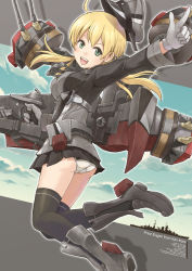 Rule 34 | 10s, 1girl, anchor hair ornament, ass, blonde hair, blush, boots, breasts, gloves, hair ornament, hat, jumping, kantai collection, long hair, medium breasts, military, military uniform, open mouth, panties, peaked cap, pleated skirt, prinz eugen (kancolle), satomura kyou, skirt, smile, solo, thighhighs, trefoil, twintails, underwear, uniform, white gloves, white panties