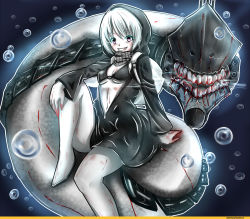 Rule 34 | 10s, 1girl, abyssal ship, backpack, bag, blood, blood in mouth, blood on hands, bra, bubble, glowing, glowing eyes, grin, highres, kantai collection, looking at viewer, re-class battleship, smile, solo, teeth, underwater, underwear, white hair