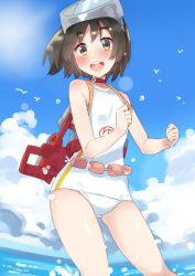 Rule 34 | 1girl, black hair, blue sky, brown eyes, cloud, cowboy shot, day, diving mask, diving mask on head, goggles, goggles on head, kantai collection, looking at viewer, maru-yu (kancolle), one-piece swimsuit, outdoors, parted bangs, school swimsuit, short hair, sky, solo, standing, swimsuit, tonarikeru, white one-piece swimsuit, white school swimsuit