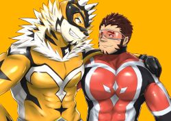 Rule 34 | 2boys, akashi (live a hero), animal ears, arm around shoulder, bara, bodysuit, covered abs, dotsu (wtnbkwiyd), eye contact, facial hair, furry, furry male, goatee, grin, highres, large pectorals, live a hero, long sideburns, looking at another, male focus, masked, multiple boys, muscular, muscular male, orange bodysuit, orange fur, pectorals, red eyes, red hair, ryekie (live a hero), scar, scar on face, scar on nose, short hair, side-by-side, sideburns, smile, superhero costume, thick eyebrows, tiger boy, tiger ears, uneven eyes, white fur