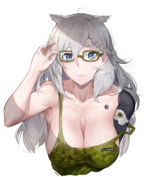 Rule 34 | 1girl, adjusting eyewear, animal ears, armpits, bare shoulders, blue eyes, braid, breasts, camouflage tank top, cat ears, cleavage, closed mouth, girls&#039; frontline, grey hair, hair between eyes, highres, ksvk (girls&#039; frontline), large breasts, long hair, looking at viewer, mechanical arms, mechanical parts, pandea work, sagging breasts, single mechanical arm, solo, sweat, upper body, very long hair, white background
