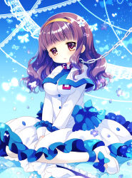 Rule 34 | 1girl, between legs, blue background, blue bow, blush, bow, breasts, brown eyes, brown hair, capelet, chain, collar, commentary request, dress, flower, frilled dress, frills, hair flower, hair ornament, hairband, hand between legs, higanbana no saku yoru ni, highres, kusunoki midori, long hair, looking at viewer, medium breasts, parted lips, pleated dress, red collar, sakurazawa izumi, shoes, sitting, solo, wariza, white capelet, white dress, white flower, white footwear, yellow hairband