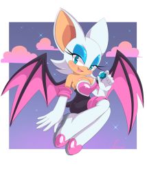 Rule 34 | 1girl, 2015, animal ears, aqua eyes, arm at side, artist name, bare shoulders, bat ears, bat tail, bat wings, boots, breasts, cleavage, elbow gloves, eyelashes, eyeshadow, fang, full body, furry, furry female, gem, gloves, half-closed eyes, hand up, high heel boots, high heels, holding, knees up, lipstick, looking at viewer, makeup, night, night sky, rouge the bat, sif (siffers), sky, smile, solo, sonic (series), sonic adventure, sonic adventure 2, sonic the hedgehog, star (sky), starry sky, strapless, thigh boots, thighhighs, white hair, wings