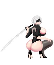 Rule 34 | artist name, back cutout, black blindfold, blindfold, breasts, clothing cutout, covered eyes, highres, large breasts, leotard, mangakay84, nier (series), nier:automata, original, self-upload, solo, square enix, thong leotard, virtuous contract, 2b (nier:automata)