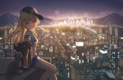 Rule 34 | 1girl, absurdres, animal, animal ear fluff, animal ears, baseball cap, black cat, black hat, black jacket, blonde hair, blue shorts, breasts, building, cat, cat ears, city lights, cityscape, closed mouth, commentary request, feet out of frame, ferris wheel, hair ornament, hairclip, hat, heart, heart hair ornament, highres, hood, hood down, hooded jacket, jacket, long hair, long sleeves, looking at viewer, looking to the side, mountain, off shoulder, open clothes, open jacket, original, outdoors, red eyes, scenery, short hair, short shorts, shorts, skyscraper, sleeves past wrists, small breasts, smile, solo, sunset, two side up, yuja (yuja1124)