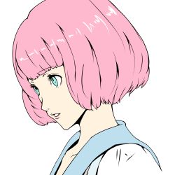 Rule 34 | 1boy, androgynous, atlus, bob cut, catherine: full body, catherine (game), dress, eyebrows, green eyes, highres, male focus, pink hair, rin (catherine), short hair, simple background, solo, trap, white background
