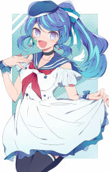 Rule 34 | 1girl, absurdres, aqua ribbon, beret, black choker, black thighhighs, blue angel, blue eyes, blue hair, blue hat, bright pupils, choker, clothing cutout, commentary, dress, earrings, facial tattoo, floating, frilled cuffs, hair ribbon, hand on own chest, hat, heart, heart earrings, highres, jewelry, legs up, long hair, looking at viewer, multicolored hair, nanashiba (banntlla), neckerchief, open mouth, outside border, ponytail, red neckerchief, ribbon, sailor dress, short dress, short sleeves, shoulder cutout, single horizontal stripe, skirt hold, smile, solo, standing, streaked hair, tattoo, thighhighs, white pupils, yu-gi-oh!, yu-gi-oh! vrains, yuu-gi-ou, yuu-gi-ou vrains, zaizen aoi