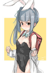 Rule 34 | 1girl, absurdres, alternate costume, animal ears, backpack, bag, black leotard, blue bow, blue bowtie, bow, bowtie, breasts, brown eyes, cowboy shot, detached collar, dress shirt, fyuo, grey hair, highres, kantai collection, kasumi (kancolle), leotard, long hair, looking at viewer, one-hour drawing challenge, open clothes, open shirt, playboy bunny, rabbit ears, randoseru, shirt, side ponytail, small breasts, solo, strapless, strapless leotard, two-tone background, yellow background