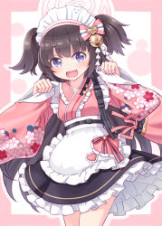 Rule 34 | 1girl, :d, apron, bell, black hair, black skirt, blue archive, bow, breasts, commentary request, floral print, frilled apron, frilled kimono, frilled skirt, frills, hair bell, hair bow, hair ornament, halo, hands up, harada (sansei rain), highres, japanese clothes, jingle bell, kimono, long hair, long sleeves, looking at viewer, maid, maid headdress, open mouth, pinching sleeves, pink kimono, pleated skirt, print kimono, purple eyes, shizuko (blue archive), skirt, sleeves past wrists, small breasts, smile, solo, striped, striped bow, two side up, very long hair, wa maid, white apron, wide sleeves