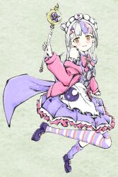 Rule 34 | 1girl, absurdres, alternate hair color, asymmetrical legwear, blue dress, blue hair, blue socks, blush, bow, crescent, crescent wand, dress, frilled dress, frills, from side, full body, grey hair, hair ornament, highres, holding, holding wand, hololive, jacket, long hair, long sleeves, looking to the side, mismatched legwear, multicolored clothes, multicolored dress, multicolored thighhighs, murasaki shion, murasaki shion (magical girl maid), open clothes, open jacket, open mouth, orange eyes, pentagram, petticoat, pink bow, pink hair, pink jacket, purple footwear, single bare shoulder, socks, solo, star (symbol), star hair ornament, striped clothes, striped thighhighs, sumikko bkht, teeth, thighhighs, triangle, triangle hair ornament, turning head, virtual youtuber, wand, white dress, white headdress