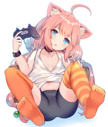 Rule 34 | 1girl, ahoge, animal ear fluff, animal ears, asymmetrical legwear, bare shoulders, bike shorts, black shorts, blue eyes, blush, breasts, cat ears, collarbone, commentary request, controller, feet, full body, game controller, head tilt, hinata channel, holding, long hair, looking at viewer, low twintails, mismatched legwear, navel, nekomiya hinata, no shoes, orange thighhighs, parted lips, pink hair, rk (rktorinegi), shirt, short shorts, shorts, small breasts, soles, solo, striped clothes, striped thighhighs, tank top, thighhighs, twintails, very long hair, virtual youtuber, white background, white shirt
