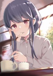 Rule 34 | 1girl, blue hair, blush, buttons, closed mouth, collared shirt, cup, day, dot nose, file112056, flat chest, food, grey shirt, hand on own cheek, hand on own face, highres, holding, holding food, indoors, leaning on table, long hair, long sleeves, looking at viewer, open collar, red eyes, shima rin, shirt, sitting, sleeve cuffs, solo, steam, sugar cube, sunlight, table, upper body, utensil in mouth, window, wing collar, yurucamp