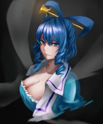Rule 34 | 1girl, amano hagoromo, black background, blue dress, blue eyes, blue hair, breasts, cleavage, cropped torso, dress, drill hair, drill sidelocks, eyebrows hidden by hair, frills, hagoromo, hair between eyes, hair ornament, hair rings, hair stick, highres, kaku seiga, large breasts, light smile, looking at viewer, medium hair, open clothes, open vest, parted lips, puffy short sleeves, puffy sleeves, shawl, short sleeves, sidelocks, simple background, solo, touhou, vest, white vest