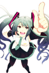 Rule 34 | 1girl, detached sleeves, female focus, foreshortening, from above, green eyes, green hair, hatsune miku, headset, highres, koike (coikekke), long hair, matching hair/eyes, necktie, open mouth, pointing, simple background, skirt, solo, thighhighs, twintails, very long hair, vocaloid, white background