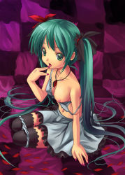 Rule 34 | 1girl, blue panties, bra, breasts, green eyes, green hair, hatsune miku, jewelry, kitiroku, licking, licking finger, lingerie, long hair, matching hair/eyes, nail polish, navel, necklace, nipples, off shoulder, one breast out, panties, panty pull, petals, pink nails, sitting, solo, strap slip, thighhighs, tongue, twintails, underwear, vocaloid, world is mine (vocaloid), zettai ryouiki