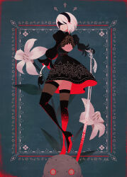 Rule 34 | 1girl, 2b (nier:automata), black blindfold, black dress, black footwear, black gloves, black hairband, black thighhighs, blindfold, blood, blood on clothes, bloody weapon, blue background, boots, border, closed mouth, covered eyes, dress, flower, foot out of frame, frilled sleeves, frills, full body, gloves, grey hair, hairband, hand on hilt, high heel boots, high heels, highres, holding, holding sword, holding weapon, juliet sleeves, katana, long sleeves, machine (nier), mole, mole under mouth, namiki kazama, nier:automata, nier (series), ornate border, puffy sleeves, robot, short hair, signature, solo, sword, thighhighs, weapon