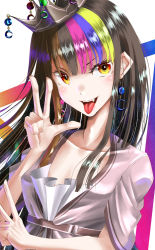Rule 34 | 1girl, brown eyes, brown hair, commentary, crown, dress, earrings, fang, galaco, galaco (neo), hand up, haya shuu, jewelry, long hair, multicolored hair, open mouth, pink dress, smile, solo, streaked hair, tongue, tongue out, tsurime, upper body, vocaloid, w, white background