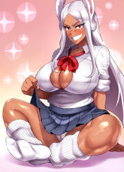 Rule 34 | 1girl, absurdres, animal ears, blue skirt, boku no hero academia, bow, bowtie, breasts, cleavage, dark-skinned female, dark skin, feet, full body, grin, haikawa hemlen, highres, holding, holding clothes, holding skirt, huge breasts, indian style, long eyelashes, long hair, looking at viewer, loose bowtie, loose socks, mirko, panties, parted bangs, rabbit ears, rabbit girl, red bow, red eyes, school uniform, shirt, shirt tucked in, sitting, skirt, sleeves rolled up, smile, socks, solo, teeth, thick thighs, thighs, underwear, white hair, white panties, white shirt, white socks