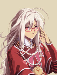 Rule 34 | 1boy, ahoge, bead necklace, beads, frown, glasses, highres, jewelry, kanikame, long hair, male focus, necklace, pendant, red eyes, rouge (saga frontier), saga, saga frontier, solo, upper body, white hair