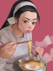 Rule 34 | 1girl, black eyes, black hair, eating, egg, food, forehead, grey sweater, hair ornament, hairband, hand up, highres, holding, kagura chizuru, long hair, noodles, oni gini, pink background, pot, solo, steam, sweater, the king of fighters, upper body, white hairband