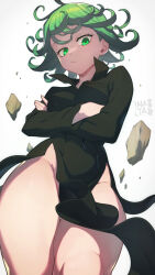Rule 34 | 1girl, black dress, breasts, closed mouth, covered navel, crossed arms, curly hair, dress, green eyes, green hair, groin, hata4564, highres, looking at viewer, one-punch man, rock, small breasts, solo, tatsumaki, taut clothes, taut dress, telekinesis, thighs, wide hips