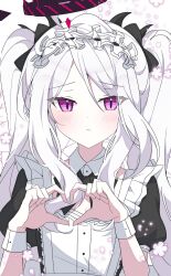 Rule 34 | 1girl, black halo, blue archive, blush, breasts, commentary, hair ornament, hair ribbon, hair scrunchie, halo, heart, heart hands, highres, hina (blue archive), long hair, maid, maid headdress, pale skin, purple eyes, purple halo, ribbon, scrunchie, seno (senohime), small breasts, solo, two side up, white hair