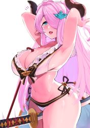 Rule 34 | 1girl, armpits, arms behind head, asai makoto, between legs, bikini, blue eyes, breasts, cleavage, commentary, draph, granblue fantasy, hair ornament, hair over one eye, highres, horns, katana, large breasts, long hair, looking at viewer, narmaya (granblue fantasy), narmaya (summer) (granblue fantasy), open mouth, pink hair, simple background, smile, solo, standing, swimsuit, sword, thighs, weapon, white background, white bikini