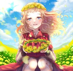 1girl brown_hair dress eyelashes fclover_76 field flower flower_field flower_wreath gnosia grass grey_eyes hair_between_eyes happy head_wreath highres kukrushka_(gnosia) long_hair long_sleeves looking_at_viewer sky smile solo wavy_hair