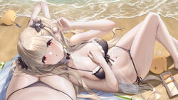 Rule 34 | 2girls, :o, azur lane, bare arms, bare legs, bare shoulders, beach, bikini, bird, black bikini, breasts, chick, choker, cleavage, covered erect nipples, female pov, flower, formidable (azur lane), frilled bikini, frilled choker, frills, front-tie bikini top, front-tie top, hair flower, hair ornament, halterneck, hand on own chest, hand up, haneru, highres, knees up, lap pillow, large breasts, long hair, looking at viewer, lying, lying on another, manjuu (azur lane), multi-strapped bikini, multiple girls, navel, on back, parted lips, pov, red eyes, see-through, side-tie bikini bottom, skindentation, solo focus, stomach, string bikini, swimsuit, thighs, twintails, very long hair, white hair, yuri