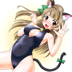 Rule 34 | 10s, 1girl, animal ears, bell, blush, brown eyes, brown hair, cameltoe, cat ears, cat tail, covered erect nipples, gradient background, jingle bell, long hair, love live!, love live! school idol project, minami kotori, one-piece swimsuit, open mouth, solo, swimsuit, tail, yukimura hajime