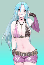 Rule 34 | 1girl, alternate breast size, bare shoulders, belt, belt buckle, bikini, bikini top only, blue hair, blush, braid, breasts, buckle, bullet necklace, candy, cleavage, food, hair over one eye, jewelry, jinx (league of legends), large breasts, league of legends, long hair, necklace, pd (pdpdlv1), pink eyes, pink legwear, purple shorts, short shorts, shorts, smile, solo, sona (league of legends), stomach, swimsuit, very long hair