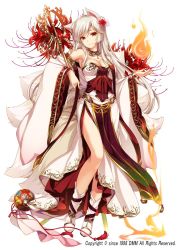 Rule 34 | 1girl, animal ears, armpits, bare shoulders, breasts, cleavage, closed mouth, detached sleeves, dress, fire, flower, flower knight girl, fox ears, fox girl, fox tail, full body, hair flower, hair ornament, higanbana (flower knight girl), holding, holding staff, japanese clothes, kimono, kitsune, kyuubi, large breasts, long hair, long sleeves, looking at viewer, monety, multiple tails, nail polish, pink nails, pyrokinesis, red eyes, shakujou, side slit, sidelocks, smile, solo, spider lily, staff, tail, white background, white dress, white hair, wide sleeves