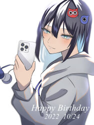 Rule 34 | 1girl, absurdres, ado (utaite), baseball, black hair, blue hair, blush, cellphone, chando (ado), closed mouth, cloud nine inc, colored inner hair, commentary, dated, grey background, happy birthday, highres, holding, holding phone, hood, hood down, hoodie, long sleeves, looking at viewer, multicolored hair, phone, selfie, sidelocks, simple background, smartphone, solo, tsukuno tsuki, two-tone hair, upper body, utaite, white hoodie