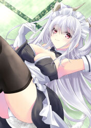 Rule 34 | 1girl, apron, arm up, armpits, azur lane, bare shoulders, black bow, black bowtie, black dress, blush, bow, bowtie, breasts, cleavage, detached collar, detached sleeves, dragon girl, dragon horns, dragon tail, dress, fishnet thighhighs, fishnets, gloves, hair on horn, hair over eyes, hand up, highres, horns, knees up, long hair, looking at viewer, looking down, maid headdress, medium breasts, outstretched arm, panties, pink eyes, red eyes, shimanto (azur lane), shimanto (the comfy dragon god) (azur lane), skindentation, smile, solo, tail, tamak rui, thighhighs, thighs, underwear, upskirt, very long hair, waist apron, white apron, white gloves, white hair, white panties