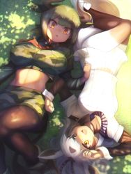 Rule 34 | 10s, 2girls, :d, animal ears, arabian oryx (kemono friends), aurochs (kemono friends), black hair, bodystocking, breasts, brown eyes, camouflage, camouflage shirt, camouflage skirt, crop top, cropped shirt, dappled sunlight, dark-skinned female, dark skin, day, from above, gazelle ears, grass, green hair, hand up, hands up, highres, horns, kemono friends, knee up, large breasts, long hair, long sleeves, looking at viewer, lying, midriff, multicolored hair, multiple girls, navel, necktie, on back, open mouth, orange eyes, outdoors, pantyhose, red neckwear, shade, shirt, short hair, short sleeves, skirt, smile, stomach, sunlight, tail, toned, tree shade, unknown showhey, upside-down, white hair, white shirt, white skirt