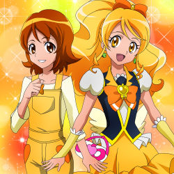 Rule 34 | 10s, 2girls, blonde hair, bow, bowtie, brooch, brown eyes, brown hair, cure honey, dress, dual persona, earrings, frills, hair bow, happinesscharge precure!, heart, heart brooch, jewelry, long hair, magical girl, masako (sabotage-mode), multiple girls, oomori yuuko, orange background, overalls, precure, puffy sleeves, shirt, short hair, skirt, smile, sparkle, wide ponytail, wrist cuffs, yellow dress, yellow eyes, yellow skirt