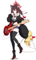 Rule 34 | 1girl, absurdres, animal ears, austsue, bare shoulders, black hair, black jacket, blue archive, blush, boots, bow, breasts, brown hair, casual, clothes pull, commentary request, crop top, cropped shirt, electric guitar, eyeshadow, fox ears, fox girl, fox hair ornament, fox tail, full body, guitar, hair between eyes, halo, hand up, high heel boots, high heels, highres, hip focus, instrument, jacket, jacket pull, large breasts, long hair, makeup, medium breasts, midriff, multicolored hair, navel, off-shoulder shirt, off shoulder, open clothes, open jacket, orange eyes, ponytail, red eyeshadow, red hair, red halo, shirt, skindentation, slit pupils, smile, solo, standing, standing on one leg, tail, tail bow, tail ornament, thighhighs, thighs, two-tone hair, wakamo (blue archive), yellow bow, yellow eyes