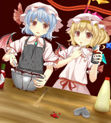 Rule 34 | 2girls, apron, bad food, bat wings, berry, blonde hair, blue hair, bowl, brooch, bunchou (bunchou3103), chocolate, chocolate making, dutch angle, finger to own chin, flandre scarlet, hat, hat ribbon, heart, jewelry, looking at viewer, mayonnaise, messy, mob cap, multiple girls, open mouth, poison, red background, red eyes, remilia scarlet, ribbon, short sleeves, siblings, sisters, skull and crossbones, sweatdrop, tabasco, table, touhou, wings