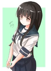 Rule 34 | 1girl, :o, black hair, black ribbon, black sailor collar, black skirt, blush, brown eyes, commentary request, dakkusu, dated, green background, hatsuyuki (kancolle), highres, kantai collection, long hair, neck ribbon, one-hour drawing challenge, own hands together, parted lips, pleated skirt, ribbon, sailor collar, school uniform, serafuku, shirt, short sleeves, signature, skirt, solo, two-tone background, very long hair, white background, white shirt