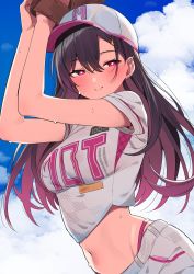 Rule 34 | 1girl, baseball cap, baseball glove, baseball jersey, baseball uniform, blue sky, blush, breasts, brown hair, cloud, cloudy sky, condom, condom in clothes, day, ear piercing, half-closed eyes, hands up, hat, heart, heart-shaped pupils, highres, jersey, looking at viewer, medium breasts, midriff, motto notto, multicolored hair, navel, original, piercing, pink eyes, pink hair, shirt, short sleeves, shorts, sky, smile, sportswear, sweat, symbol-shaped pupils, two-tone hair, two-tone shirt, upper body, white headwear, white shirt, white shorts