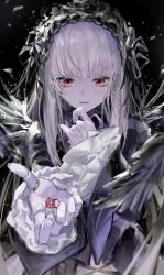 Rule 34 | 1girl, absurdres, black background, black hairband, blunt bangs, doll joints, frilled hairband, frilled sleeves, frills, gloves, grey hair, hairband, highres, jewelry, joints, long hair, long sleeves, parted lips, red eyes, ring, ring removed, rozen maiden, rsef, simple background, solo, suigintou, unworn jewelry, upper body, white gloves
