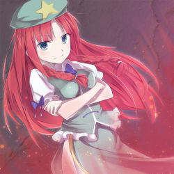 Rule 34 | 1girl, bad id, bad pixiv id, blue eyes, braid, breasts, crossed arms, dress, female focus, hat, hong meiling, kyuri, long hair, red hair, side slit, small breasts, smile, solo, star (symbol), touhou, twin braids, vest
