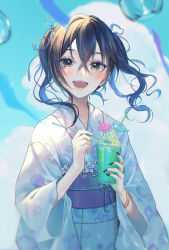 Rule 34 | 1girl, :d, absurdres, black hair, black nails, blue kimono, blue ribbon, blush, bracelet, brown eyes, cloud, commentary request, cup, day, fingernails, floral print, food, hair between eyes, hair ribbon, highres, holding, holding cup, ice cream, ice cream spoon, idolmaster, idolmaster cinderella girls, japanese clothes, jewelry, kimono, long sleeves, looking at viewer, magako, mole, mole under eye, nail polish, obi, open mouth, outdoors, print kimono, ribbon, sash, sharp teeth, short hair, short twintails, smile, solo, spoon, sunazuka akira, teeth, twintails, upper body, wide sleeves, wind chime, yukata