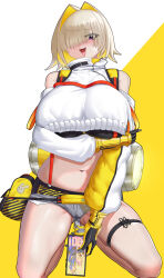 Rule 34 | 1girl, absurdres, ahoge, arm under breasts, black gloves, black sports bra, blonde hair, blush, breasts, cellphone, clothing cutout, crop top, crop top overhang, cropped sweater, elegg (nikke), exposed pocket, gloves, goddess of victory: nikke, grey shorts, hair intakes, hair over eyes, highres, holding, kneeling, large breasts, long bangs, long sleeves, micro shorts, multicolored clothes, multicolored gloves, multicolored hair, navel, open mouth, phone, purple eyes, rukacheese, short hair, shorts, shoulder cutout, smartphone, solo, sports bra, suspender shorts, suspenders, thigh strap, thighs, two-tone hair, yellow gloves
