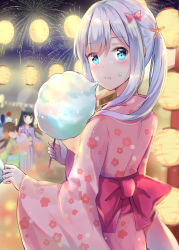 Rule 34 | 10s, 1boy, 4girls, :t, bad id, bad pixiv id, blue eyes, blush, bow, character request, closed mouth, cotton candy, eating, eromanga sensei, floral print, food, food on face, hair bow, hands up, highres, holding, holding food, izumi sagiri, japanese clothes, kimono, lantern, long hair, looking at viewer, multiple girls, obi, paper lantern, pink bow, pink kimono, ponytail, sash, sidelocks, silver hair, solo focus, tailam, yukata