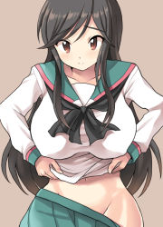 Rule 34 | 1girl, a channel, black hair, blush, breasts, brown eyes, clothes lift, collarbone, covered erect nipples, groin, inaho, large breasts, long hair, navel, nishi yuuko, school uniform, shirt, shirt lift, simple background, skirt, smile, solo, taut clothes, taut shirt, undressing, very long hair